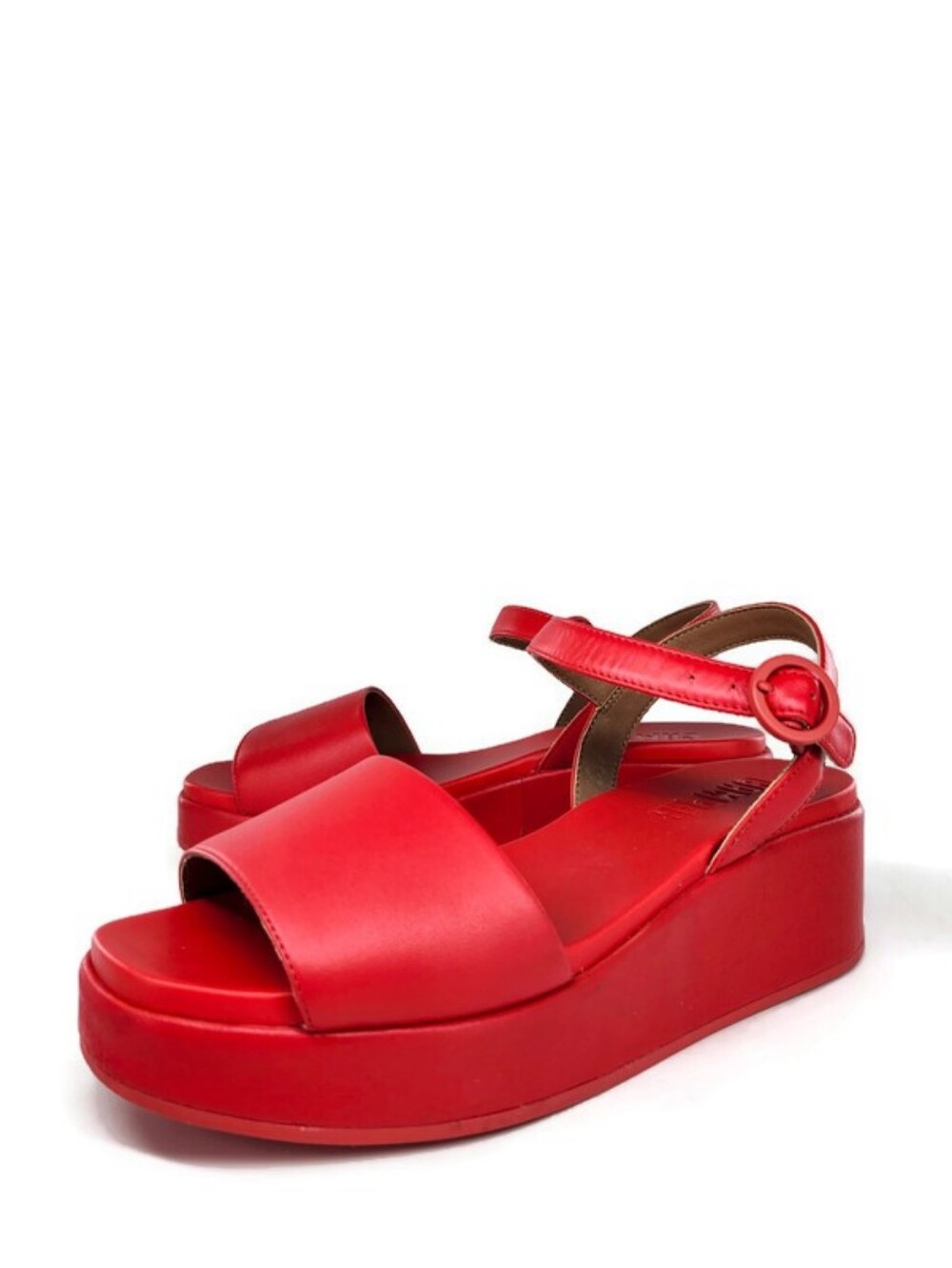 Camper Misia Red Leather Single Wide Strap Buckle Close Open-Toe Flatform Sandal - Picture 2 of 16